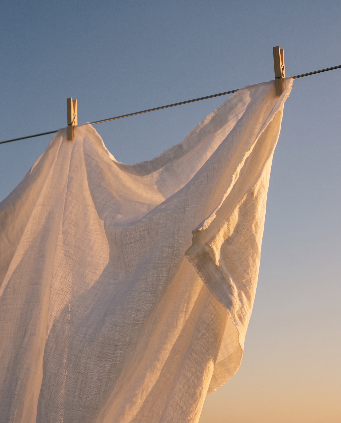 A single white linen sheet billowing against open evening sky.