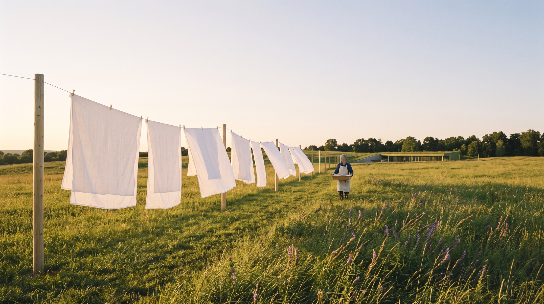 Evening sun burning through backlit linen on the line.