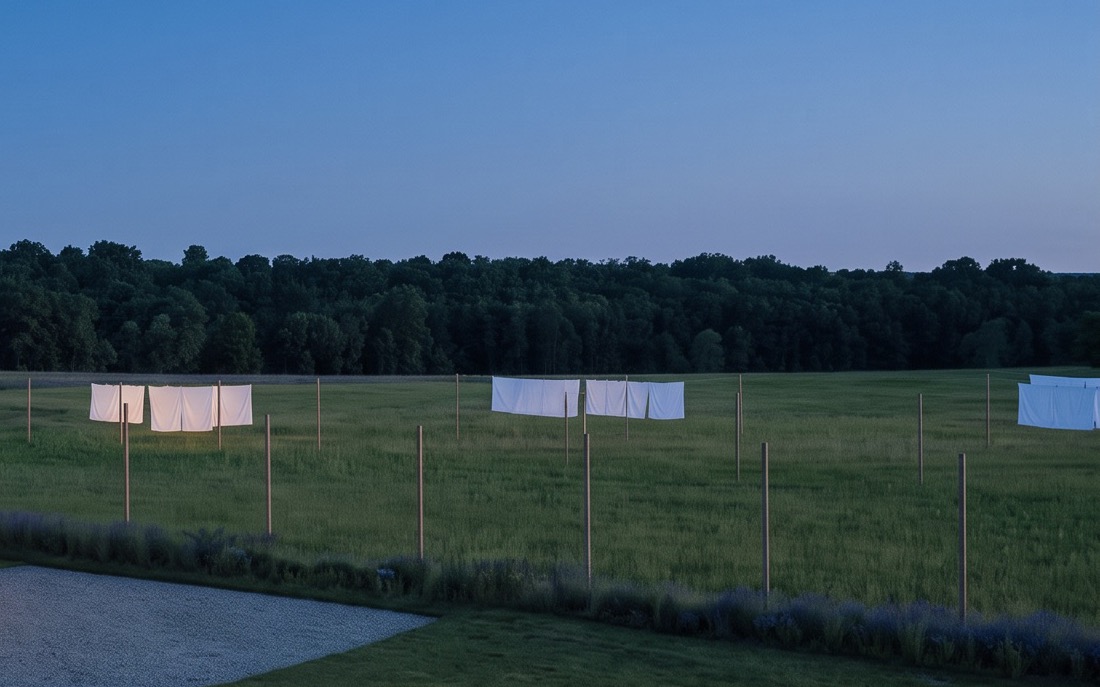 White sheets hanging slack on the lines in still blue-hour air.
