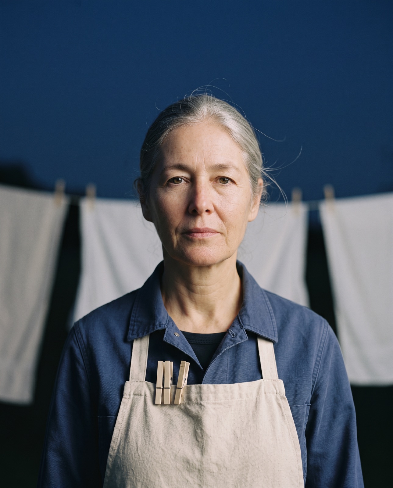 Ruth Vandermeer at blue hour, clothespins in her apron pocket, direct gaze.