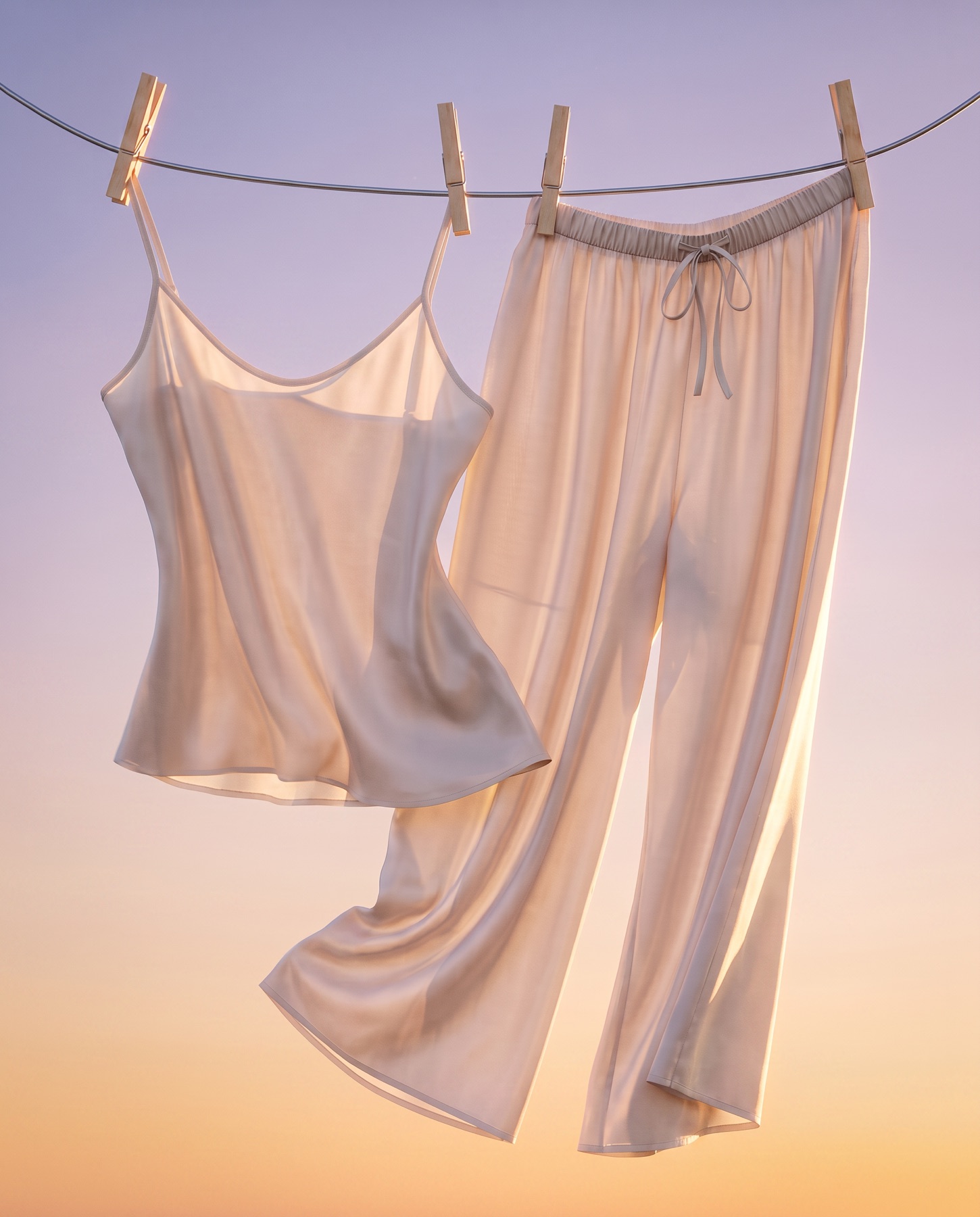 Silk sleepwear on the line at dusk against a violet and apricot sky.
